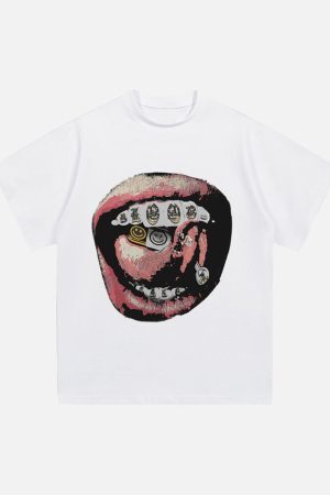 Concert Outfit Street Retro Washed Lip Print T-Shirt