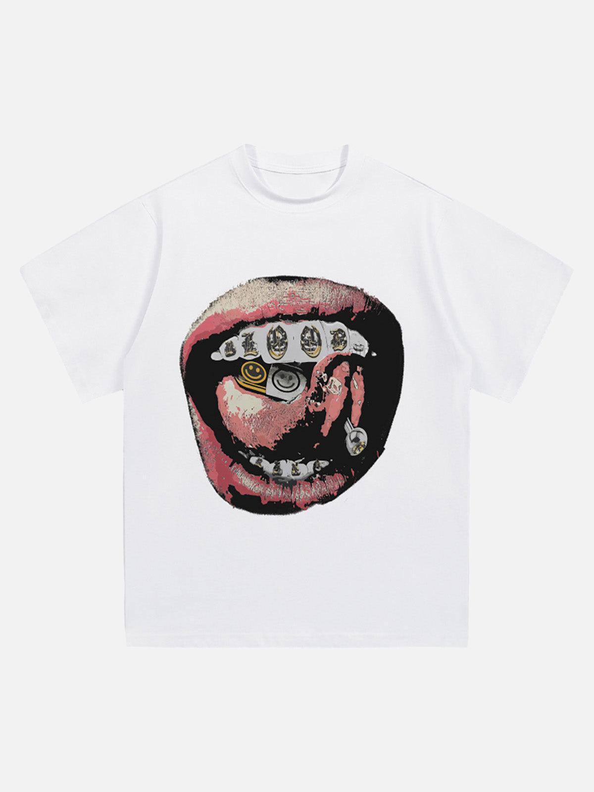 Concert Outfit Street Retro Washed Lip Print T-Shirt Concert Outfit Street Retro Washed Lip Print T-Shirt