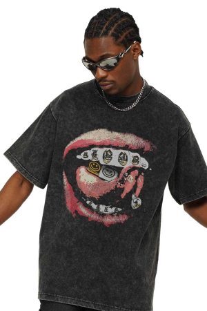 Concert Outfit Street Retro Washed Lip Print T-Shirt
