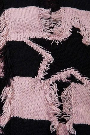 Concert Outfit Street Star Stripe Whisker Ripped Crew Neck Sweater