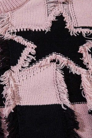 Concert Outfit Street Star Stripe Whisker Ripped Crew Neck Sweater