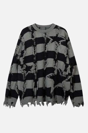 Concert Outfit Street Star Stripe Whisker Ripped Crew Neck Sweater