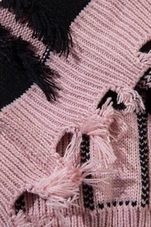 Concert Outfit Street Star Stripe Whisker Ripped Crew Neck Sweater