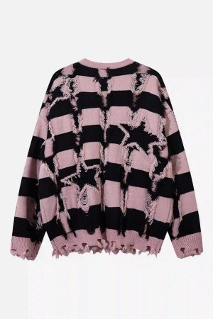 Concert Outfit Street Star Stripe Whisker Ripped Crew Neck Sweater