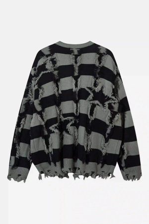 Concert Outfit Street Star Stripe Whisker Ripped Crew Neck Sweater