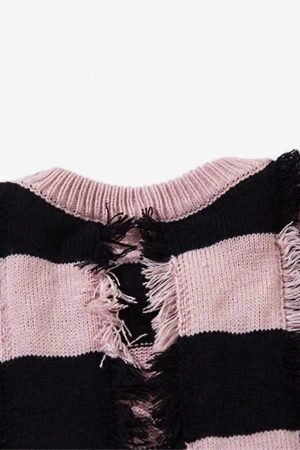 Concert Outfit Street Star Stripe Whisker Ripped Crew Neck Sweater