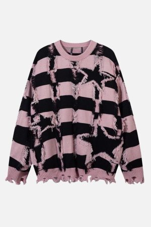 Concert Outfit Street Star Stripe Whisker Ripped Crew Neck Sweater