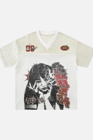 Concert Outfit Street Stitching Mesh Character Print T-Shirt