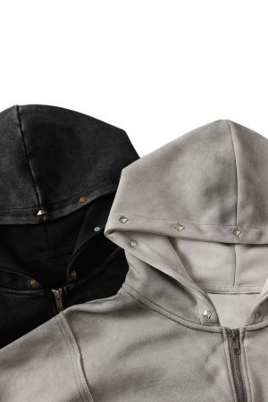 Concert Outfit Street Washed Distressed Stitching Rivet Hooded Jacket