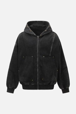 Concert Outfit Street Washed Distressed Stitching Rivet Hooded Jacket