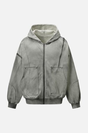 Concert Outfit Street Washed Distressed Stitching Rivet Hooded Jacket