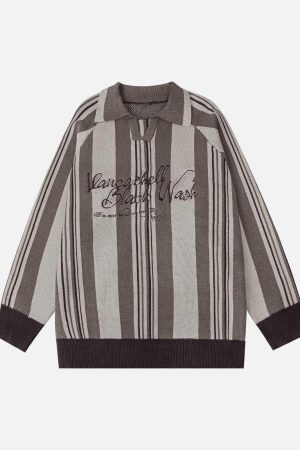 Concert Outfit Striped Embroidered Knit Polo Sweater