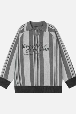 Concert Outfit Striped Embroidered Knit Polo Sweater