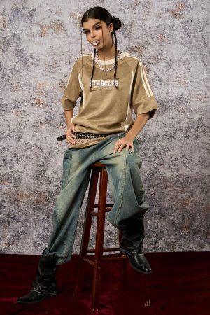 Concert Outfit Suede Contrast Color Spliced Letter Embroidery Oversize T-Shirt