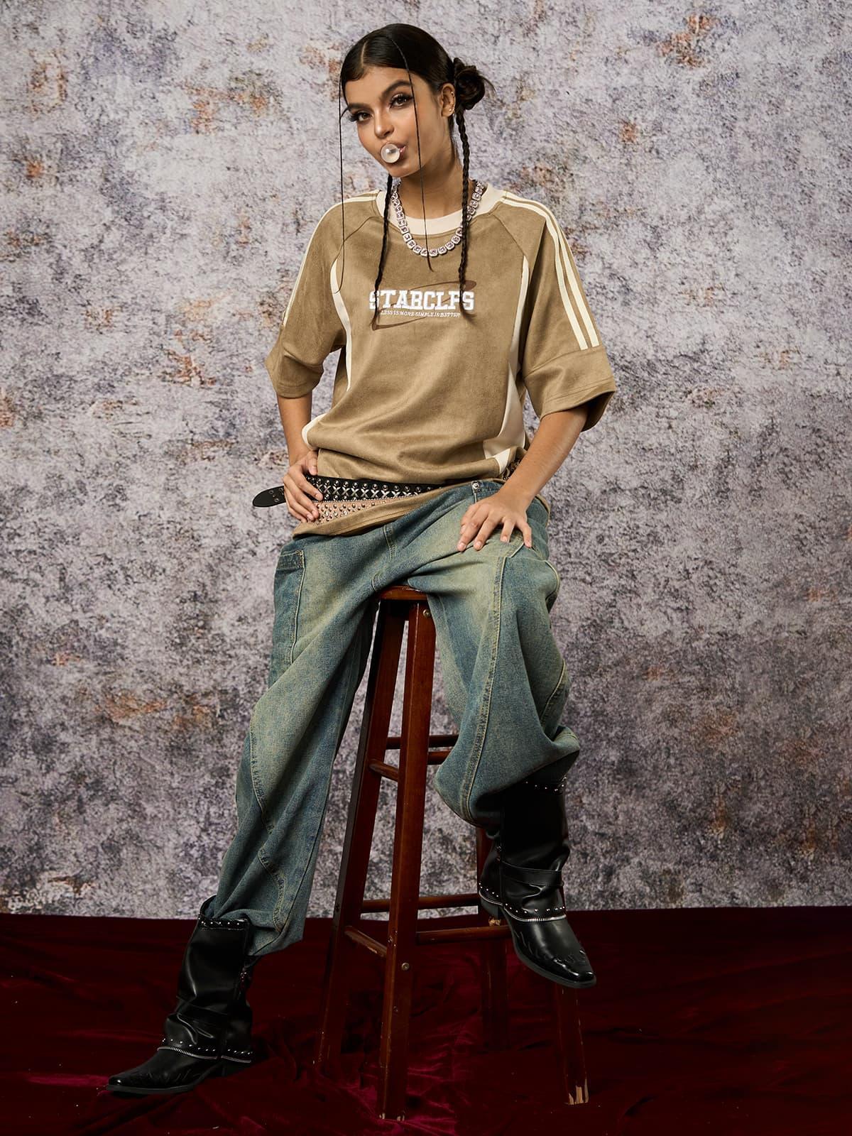 Concert Outfit Suede Contrast Color Spliced Letter Embroidery Oversize T-Shirt Concert Outfit Suede Contrast Color Spliced Letter Embroidery Oversize T-Shirt