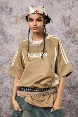 Concert Outfit Suede Contrast Color Spliced Letter Embroidery Oversize T-Shirt