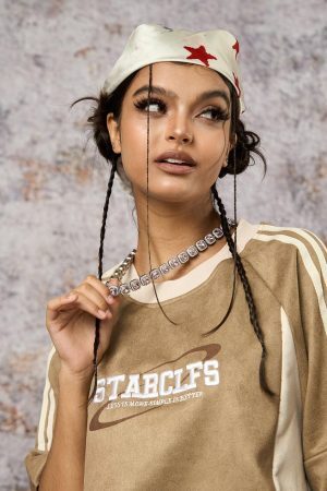 Concert Outfit Suede Contrast Color Spliced Letter Embroidery Oversize T-Shirt