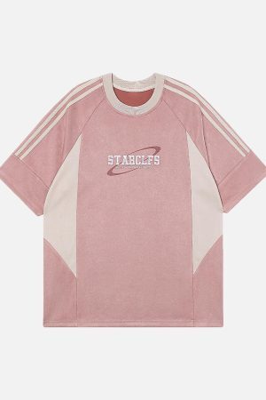 Concert Outfit Suede Contrast Color Spliced Letter Embroidery Oversize T-Shirt