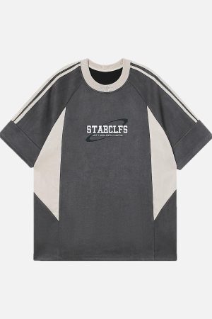 Concert Outfit Suede Contrast Color Spliced Letter Embroidery Oversize T-Shirt