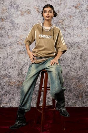 Concert Outfit Suede Contrast Color Spliced Letter Embroidery Oversize T-Shirt