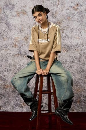 Concert Outfit Suede Contrast Color Spliced Letter Embroidery Oversize T-Shirt