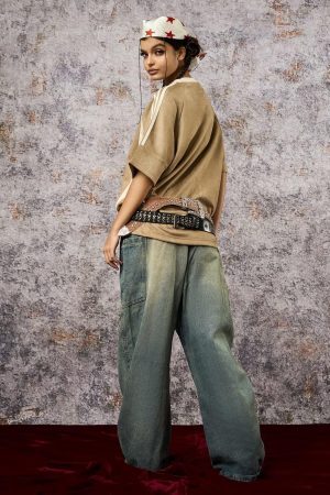 Concert Outfit Suede Contrast Color Spliced Letter Embroidery Oversize T-Shirt