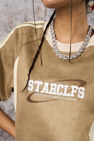 Concert Outfit Suede Contrast Color Spliced Letter Embroidery Oversize T-Shirt
