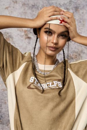 Concert Outfit Suede Contrast Color Spliced Letter Embroidery Oversize T-Shirt