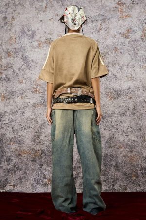 Concert Outfit Suede Contrast Color Spliced Letter Embroidery Oversize T-Shirt