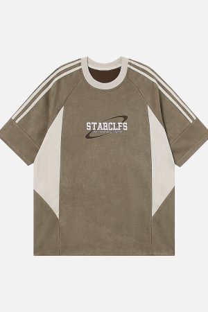 Concert Outfit Suede Contrast Color Spliced Letter Embroidery Oversize T-Shirt