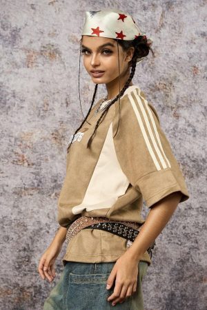 Concert Outfit Suede Contrast Color Spliced Letter Embroidery Oversize T-Shirt