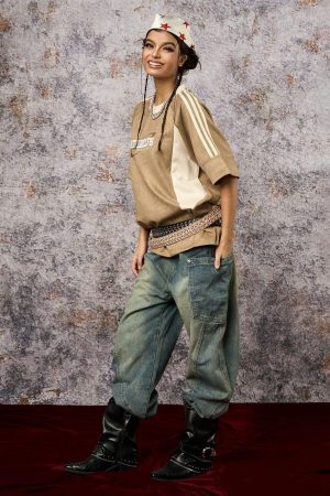 Concert Outfit Suede Contrast Color Spliced Letter Embroidery Oversize T-Shirt