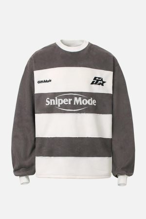 Concert Outfit Suede Contrast Stripe Embroidered Long SleeveT-Shirt