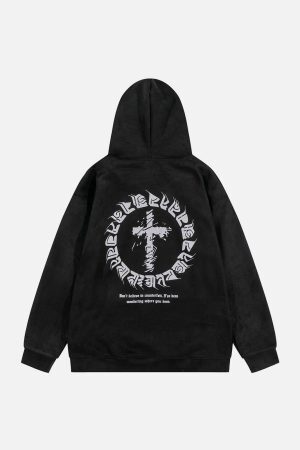 Concert Outfit Suede Cross Print Hoodie