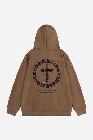 Concert Outfit Suede Cross Print Hoodie