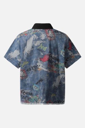 Concert Outfit Tie-Dye Denim Graffiti Polo T-Shirt