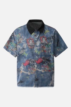 Concert Outfit Tie-Dye Denim Graffiti Polo T-Shirt