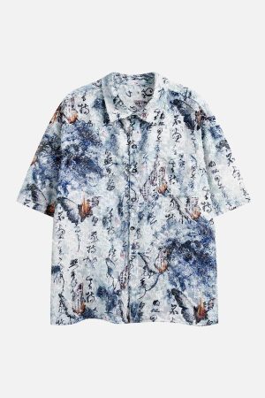 Concert Outfit Traditional Calligraphy Print Short-Sleeve Shirt