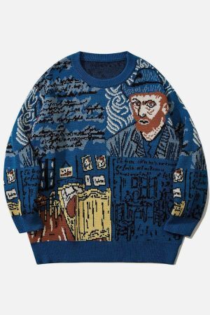 Concert Outfit Van Gogh Oil Painting Knit Sweater