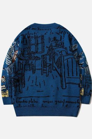 Concert Outfit Van Gogh Oil Painting Knit Sweater