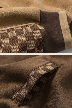 Concert Outfit Velvet Checkerboard Patchwork Racing Jacket