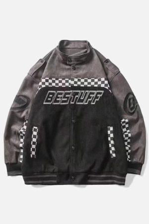 Concert Outfit Velvet Checkerboard Patchwork Racing Jacket