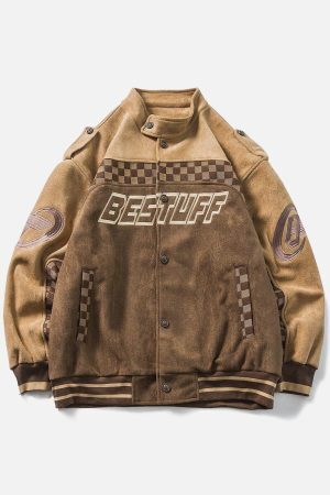 Concert Outfit Velvet Checkerboard Patchwork Racing Jacket