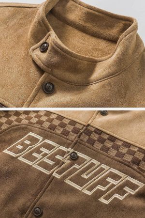 Concert Outfit Velvet Checkerboard Patchwork Racing Jacket