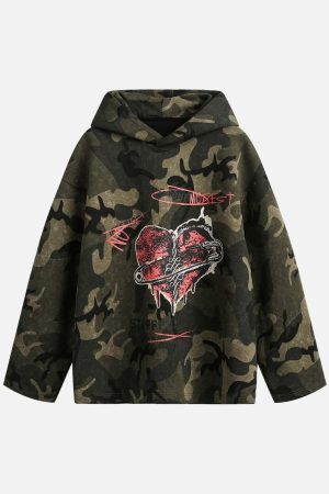 Concert Outfit Vintage Camouflage Flame Heart Print Hoodie