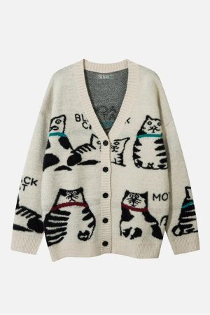 Concert Outfit Vintage Cat Jacquard Knit Cardigan