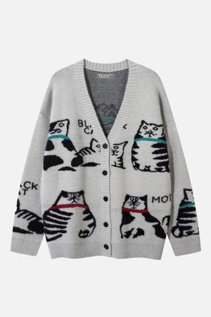 Concert Outfit Vintage Cat Jacquard Knit Cardigan