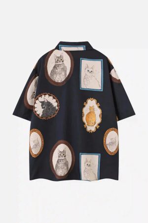 Concert Outfit Vintage Cat Print Short Sleeve Shirt