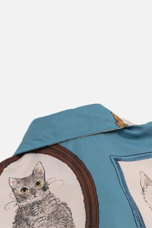 Concert Outfit Vintage Cat Print Short Sleeve Shirt