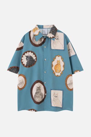 Concert Outfit Vintage Cat Print Short Sleeve Shirt